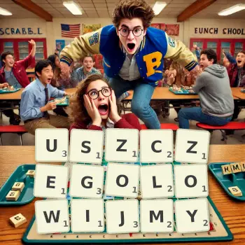 Kreatywna ilustracja do gry w Scrabble ze słowem USZCZEGOLOWIJMY ułożonym z płytek na planszy.