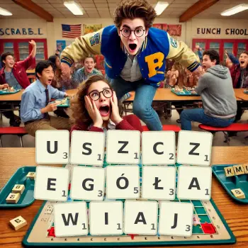 Kreatywna ilustracja do gry w Scrabble ze słowem USZCZEGÓŁAWIAJ ułożonym z płytek na planszy.