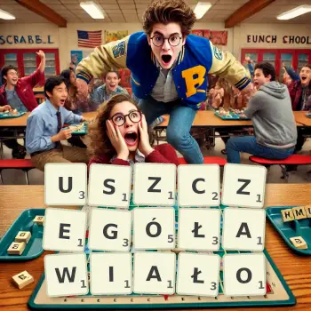 Kreatywna ilustracja do gry w Scrabble ze słowem USZCZEGÓŁAWIAŁO ułożonym z płytek na planszy.