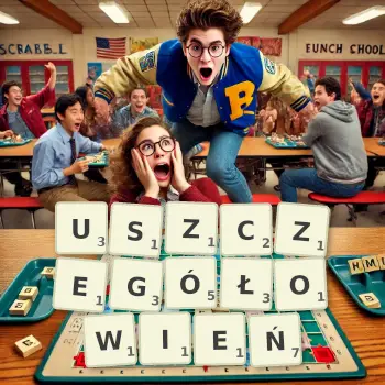 Kreatywna ilustracja do gry w Scrabble ze słowem USZCZEGÓŁOWIEŃ ułożonym z płytek na planszy.