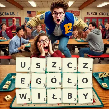 Kreatywna ilustracja do gry w Scrabble ze słowem USZCZEGÓŁOWIŁBY ułożonym z płytek na planszy.