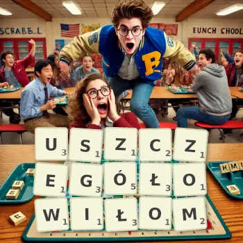 Kreatywna ilustracja do gry w Scrabble ze słowem USZCZEGÓŁOWIŁOM ułożonym z płytek na planszy.