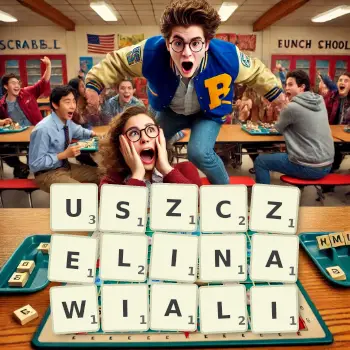 Kreatywna ilustracja do gry w Scrabble ze słowem USZCZELINAWIALI ułożonym z płytek na planszy.