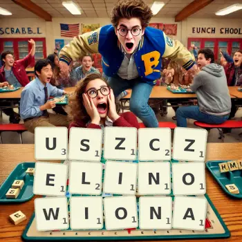 Kreatywna ilustracja do gry w Scrabble ze słowem USZCZELINOWIONA ułożonym z płytek na planszy.