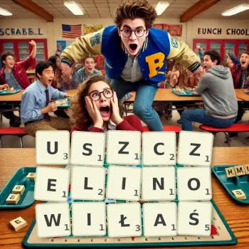 Kreatywna ilustracja do gry w Scrabble ze słowem USZCZELINOWIŁAŚ ułożonym z płytek na planszy.