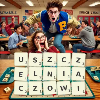 Kreatywna ilustracja do gry w Scrabble ze słowem USZCZELNIACZOWI ułożonym z płytek na planszy.