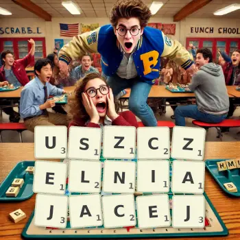 Kreatywna ilustracja do gry w Scrabble ze słowem USZCZELNIAJACEJ ułożonym z płytek na planszy.