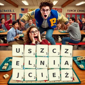 Kreatywna ilustracja do gry w Scrabble ze słowem USZCZELNIAJCIEŻ ułożonym z płytek na planszy.