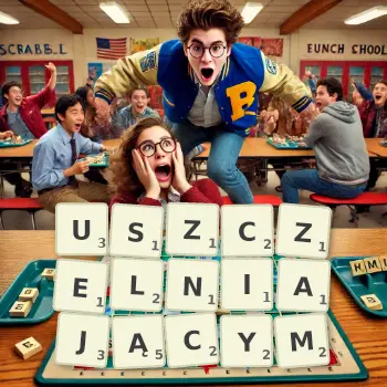 Kreatywna ilustracja do gry w Scrabble ze słowem USZCZELNIAJĄCYM ułożonym z płytek na planszy.