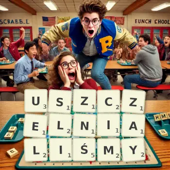 Kreatywna ilustracja do gry w Scrabble ze słowem USZCZELNIALIŚMY ułożonym z płytek na planszy.