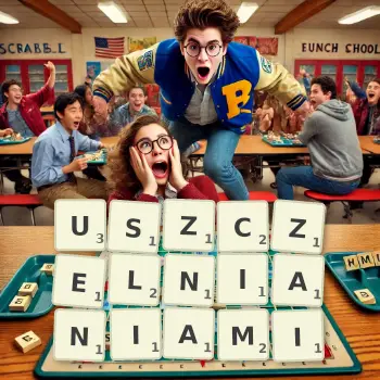 Kreatywna ilustracja do gry w Scrabble ze słowem USZCZELNIANIAMI ułożonym z płytek na planszy.