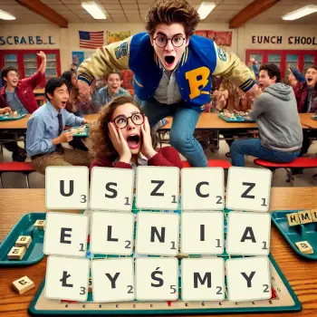 Kreatywna ilustracja do gry w Scrabble ze słowem USZCZELNIAŁYŚMY ułożonym z płytek na planszy.