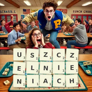 Kreatywna ilustracja do gry w Scrabble ze słowem USZCZELNIENIACH ułożonym z płytek na planszy.