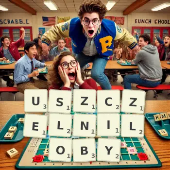 Kreatywna ilustracja do gry w Scrabble ze słowem USZCZELNILOBY ułożonym z płytek na planszy.