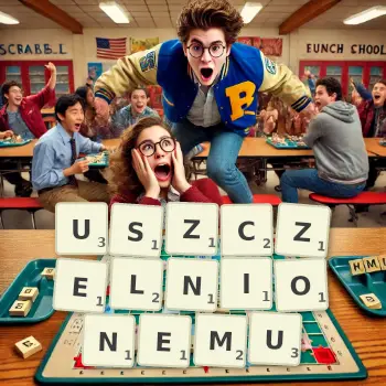 Kreatywna ilustracja do gry w Scrabble ze słowem USZCZELNIONEMU ułożonym z płytek na planszy.