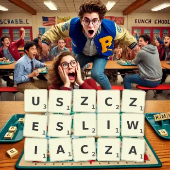 Kreatywna ilustracja do gry w Scrabble ze słowem USZCZESLIWIACZA ułożonym z płytek na planszy.