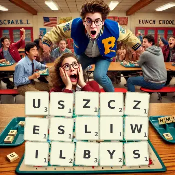 Kreatywna ilustracja do gry w Scrabble ze słowem USZCZESLIWILBYS ułożonym z płytek na planszy.