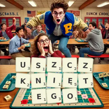 Kreatywna ilustracja do gry w Scrabble ze słowem USZCZKNIĘTEGO ułożonym z płytek na planszy.