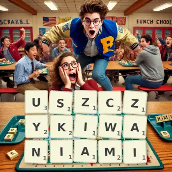 Kreatywna ilustracja do gry w Scrabble ze słowem USZCZYKIWANIAMI ułożonym z płytek na planszy.