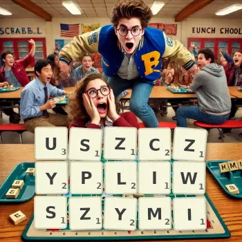 Kreatywna ilustracja do gry w Scrabble ze słowem USZCZYPLIWSZYMI ułożonym z płytek na planszy.