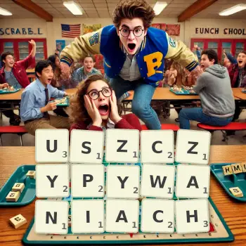 Kreatywna ilustracja do gry w Scrabble ze słowem USZCZYPYWANIACH ułożonym z płytek na planszy.