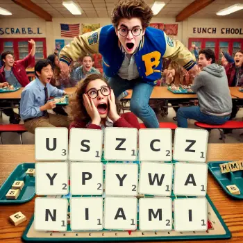 Kreatywna ilustracja do gry w Scrabble ze słowem USZCZYPYWANIAMI ułożonym z płytek na planszy.