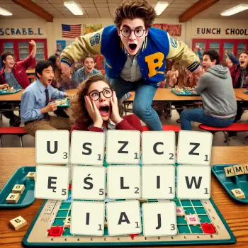 Kreatywna ilustracja do gry w Scrabble ze słowem USZCZĘŚLIWIAJ ułożonym z płytek na planszy.