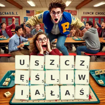 Kreatywna ilustracja do gry w Scrabble ze słowem USZCZĘŚLIWIAŁAŚ ułożonym z płytek na planszy.