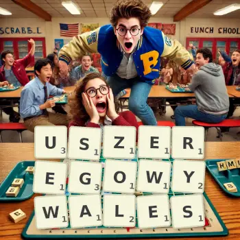 Kreatywna ilustracja do gry w Scrabble ze słowem USZEREGOWYWALES ułożonym z płytek na planszy.