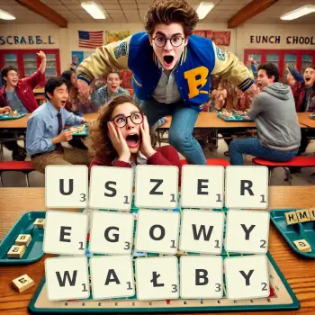 Kreatywna ilustracja do gry w Scrabble ze słowem USZEREGOWYWAŁBY ułożonym z płytek na planszy.