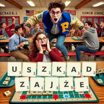 Kreatywna ilustracja do gry w Scrabble ze słowem USZKADZAJŻE ułożonym z płytek na planszy.