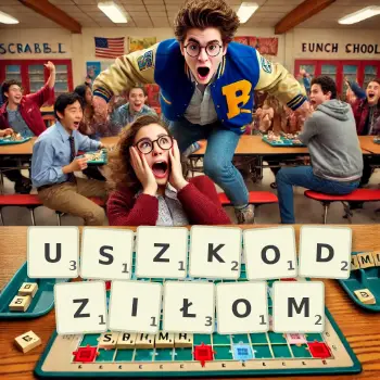 Kreatywna ilustracja do gry w Scrabble ze słowem USZKODZIŁOM ułożonym z płytek na planszy.
