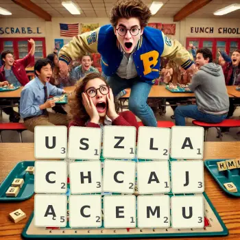 Kreatywna ilustracja do gry w Scrabble ze słowem USZLACHCAJĄCEMU ułożonym z płytek na planszy.