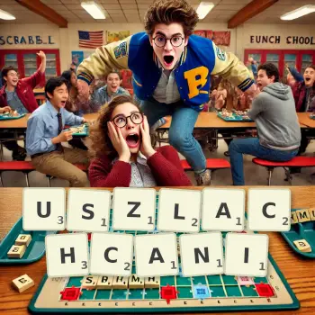 Kreatywna ilustracja do gry w Scrabble ze słowem USZLACHCANI ułożonym z płytek na planszy.