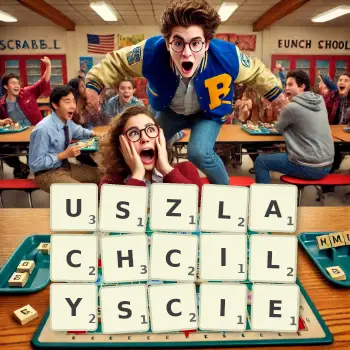 Kreatywna ilustracja do gry w Scrabble ze słowem USZLACHCILYSCIE ułożonym z płytek na planszy.