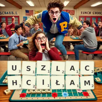 Kreatywna ilustracja do gry w Scrabble ze słowem USZLACHCIŁAM ułożonym z płytek na planszy.