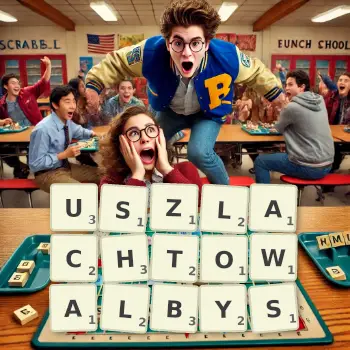 Kreatywna ilustracja do gry w Scrabble ze słowem USZLACHTOWALBYS ułożonym z płytek na planszy.