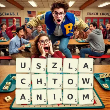 Kreatywna ilustracja do gry w Scrabble ze słowem USZLACHTOWANIOM ułożonym z płytek na planszy.