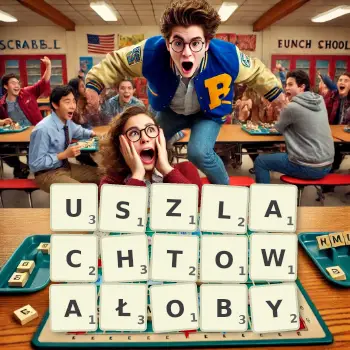 Kreatywna ilustracja do gry w Scrabble ze słowem USZLACHTOWAŁOBY ułożonym z płytek na planszy.