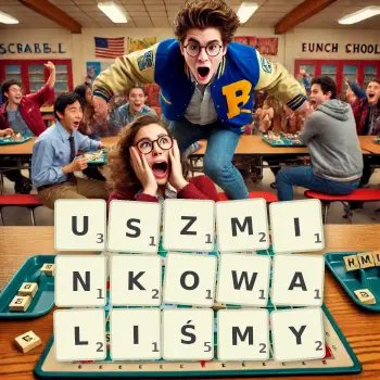 Kreatywna ilustracja do gry w Scrabble ze słowem USZMINKOWALIŚMY ułożonym z płytek na planszy.