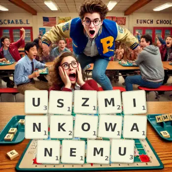 Kreatywna ilustracja do gry w Scrabble ze słowem USZMINKOWANEMU ułożonym z płytek na planszy.