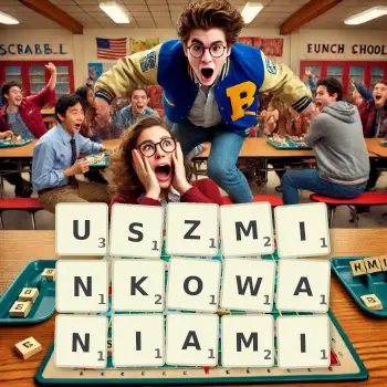 Kreatywna ilustracja do gry w Scrabble ze słowem USZMINKOWANIAMI ułożonym z płytek na planszy.