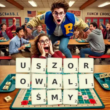 Kreatywna ilustracja do gry w Scrabble ze słowem USZOROWALIŚMY ułożonym z płytek na planszy.