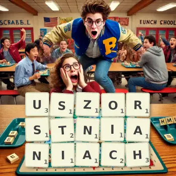 Kreatywna ilustracja do gry w Scrabble ze słowem USZORSTNIANIACH ułożonym z płytek na planszy.