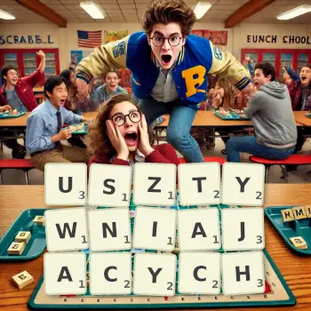 Kreatywna ilustracja do gry w Scrabble ze słowem USZTYWNIAJACYCH ułożonym z płytek na planszy.