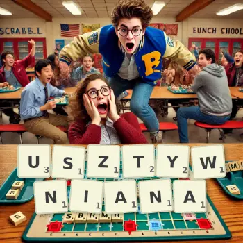 Kreatywna ilustracja do gry w Scrabble ze słowem USZTYWNIANA ułożonym z płytek na planszy.