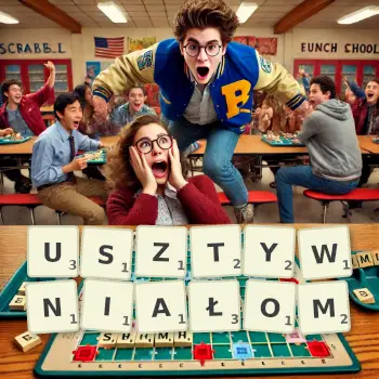 Kreatywna ilustracja do gry w Scrabble ze słowem USZTYWNIAŁOM ułożonym z płytek na planszy.