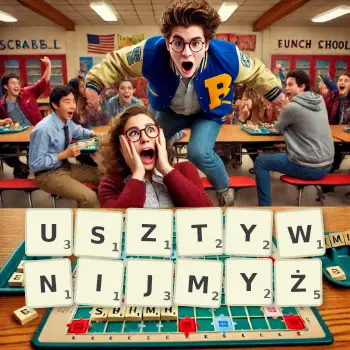 Kreatywna ilustracja do gry w Scrabble ze słowem USZTYWNIJMYŻ ułożonym z płytek na planszy.
