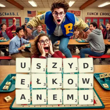 Kreatywna ilustracja do gry w Scrabble ze słowem USZYDEŁKOWANEMU ułożonym z płytek na planszy.