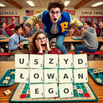 Kreatywna ilustracja do gry w Scrabble ze słowem USZYDŁOWANEGO ułożonym z płytek na planszy.